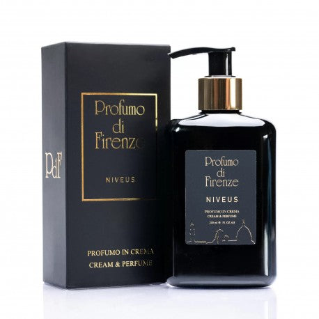 A sleek black bottle of NIVEUS BODY LOTION by Profumo Di Firenze with a pump dispenser sits beside its matching black and gold box—both feature elegant gold text, Florence’s skyline outline, and evoke subtle vanilla notes.