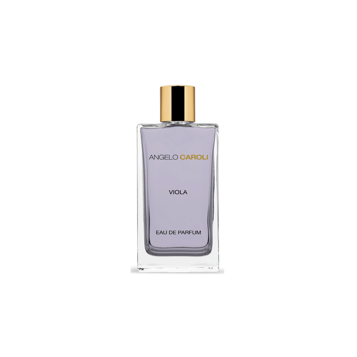 A clear rectangular bottle with light purple liquid and a gold cap, labeled "Viola Eau de Parfum - Angelo Caroli" by ANGELO CAROLI, sits centered on a white background—ideal for fans of flowery, powdery feminine scents.