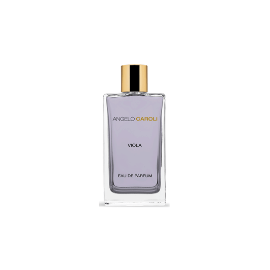 A clear rectangular bottle with light purple liquid and a gold cap, labeled "Viola Eau de Parfum - Angelo Caroli" by ANGELO CAROLI, sits centered on a white background—ideal for fans of flowery, powdery feminine scents.