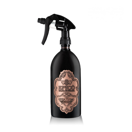 A black spray bottle with an ornate copper label reading EPICO Red Basil & Mandarin - Ambiance Spray; features a trigger nozzle and vintage design, infusing your space with a refreshing citrus fragrance.