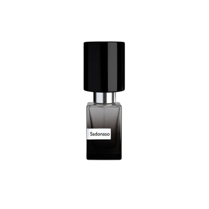 A square glass bottle with a black gradient, shiny black cap, and white label shows Sado Naso Extrait de Parfum by Fragrapedia Haus—Nasomatto, set against a white background, inviting the pleasure of the senses.