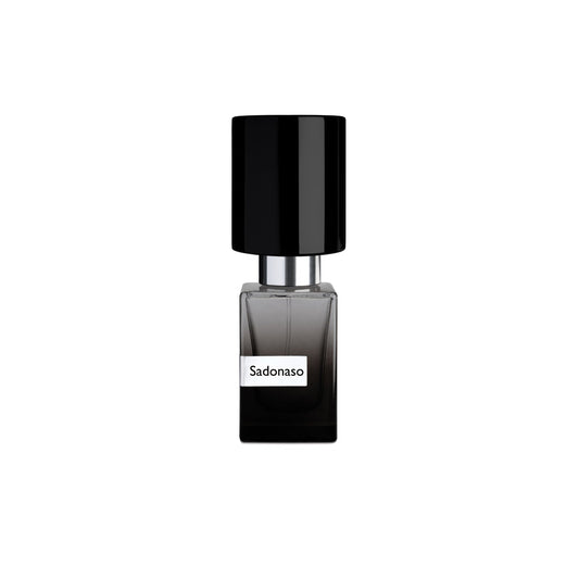 A square glass bottle with a black gradient, shiny black cap, and white label shows Sado Naso Extrait de Parfum by Fragrapedia Haus—Nasomatto, set against a white background, inviting the pleasure of the senses.