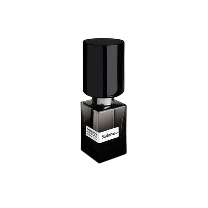 A sleek black bottle with a shiny tall cap and white label displays "Sado Naso Extrait de Parfum - Nasomatto" by Fragrapedia Haus, evoking sensory pleasure against a plain white background.