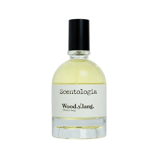 Fragrance bottle labeled 'Scentologia Wood.y.lang' on a white background