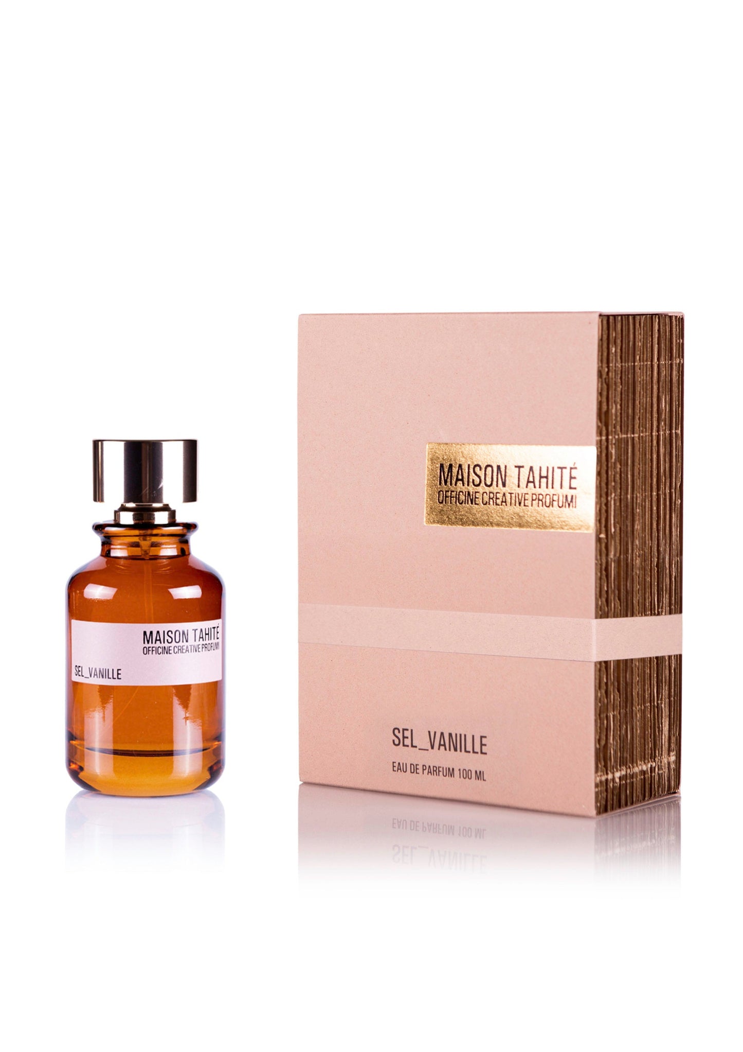 Maison Tahite Sel Vanille Eau de Parfum 100ml features a refined vanilla scent accented by delicate sea salt notes, presented in an elegant bottle and box.