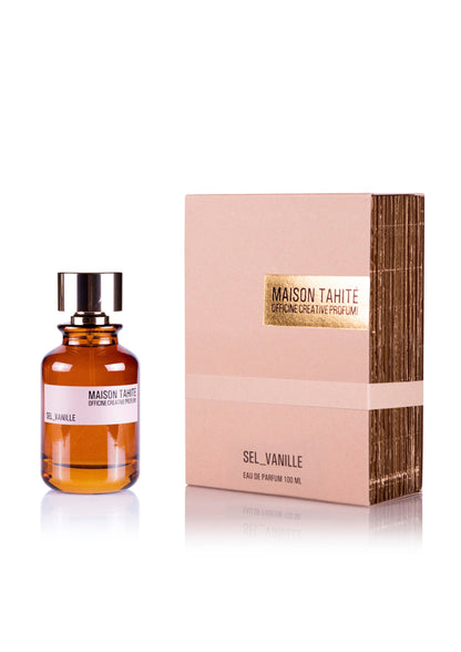Maison Tahite Sel Vanille Eau de Parfum 100ml features a refined vanilla scent accented by delicate sea salt notes, presented in an elegant bottle and box.