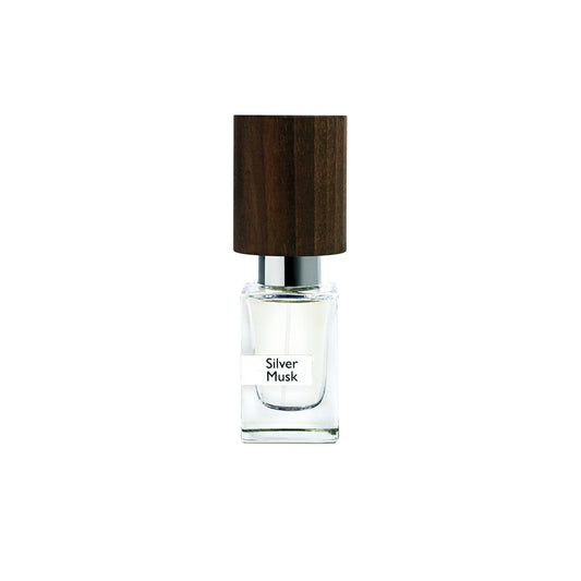 A clear glass Silver Musk Extrait de Parfum by Fragrapedia Haus, featuring a thick dark wooden cap and a label, is displayed against a plain white background.
