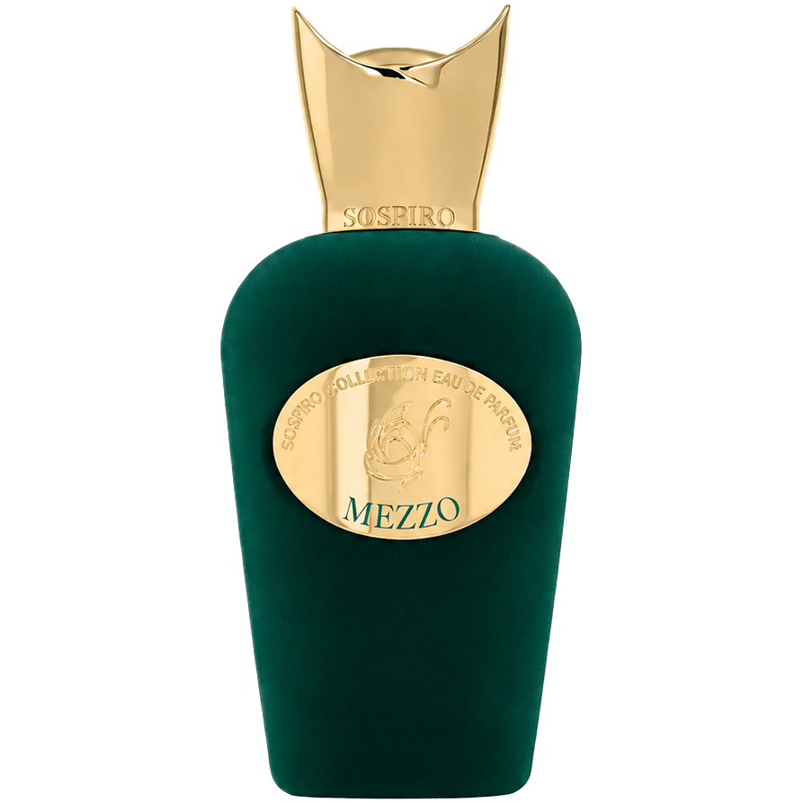 Green perfume bottle with gold cap and label on a white background.Sospiro Mezzo Eau De Parfum .