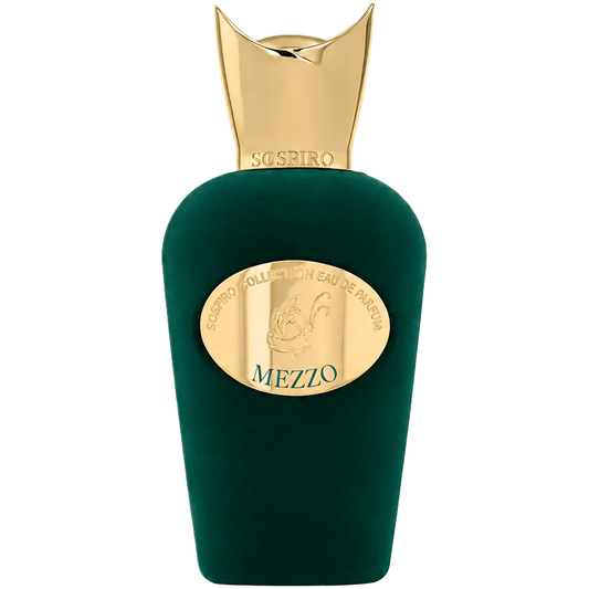 Green perfume bottle with gold cap and label on a white background.Sospiro Mezzo Eau De Parfum .