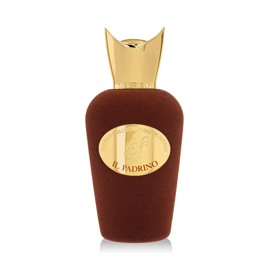 A brown perfume bottle with a gold cap and oval gold label displays the product name "Il Padrino Eau de Parfum - Sospiro" by SOSPIRO, suggesting an oriental woody amber scent, set against a white background.