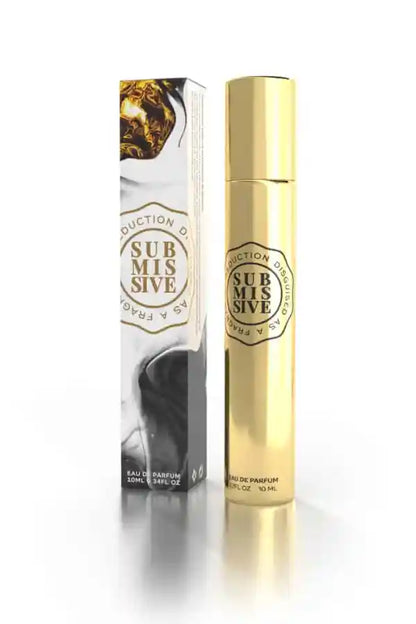 A gold Submissive Intrigue 10ml Eau de Parfum bottle stands by its matching box, both featuring abstract black, white, and gold designs. Circular branding suggests bergamot and amber notes in this elegant Submissive Perfume fragrance.