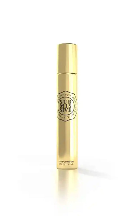 A shiny gold Submissive Perfume bottle, labeled "Submissive Intrigue 10ml Eau de Parfum," stands upright on a white background, exuding amber and sandalwood notes.