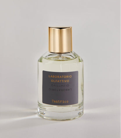 A clear glass Tantrico - Laboratorio Olfattivo TESTER perfume bottle with a gold cap, featuring gold text on a gray label, is set against a plain light background.