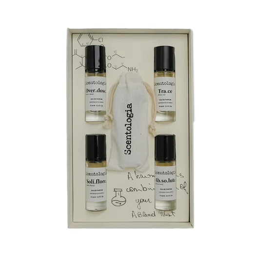 The Scentologia Travel Kit 5x10ML includes five travel-size perfumes and a signature cloth bag—ideal for fragrance lovers on the move. Presented in a sleek, white display.