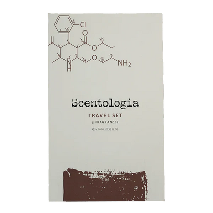 The cream-colored Scentologia Travel Kit 5x10ML box showcases a chemical structure design, bold black text, and a brown brushstroke—ideal for luxury travel fragrance enthusiasts.