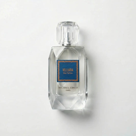 A faceted clear glass perfume bottle with a clear cap, featuring a blue label with gold detailing that reads 'VELLURIA Eau Parfum' and 'MICHAEL CINCO PARIS' below, set against a plain light gray background.