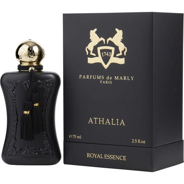 A 75ml (2.5 fl. oz) black bottle of Parfums de Marly Athalia Eau de Parfum with a gold cap and black tassel, shown beside its matching black and gold box, features incense notes and is labeled Athalia Royal Essence.